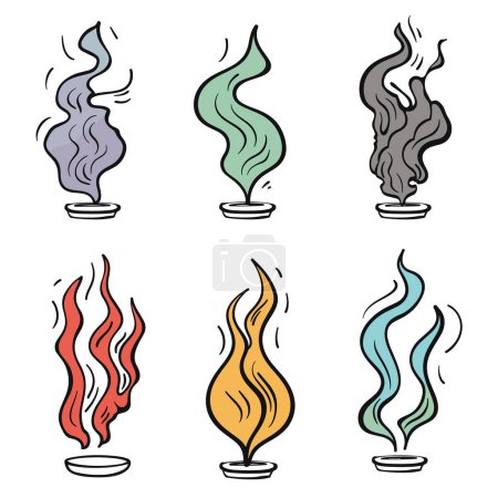 Téléchargez les illustrations : Six flammes colorées dessins de fumée montant petits bols, représentation artistique créative, couleurs chaudes fraîches, style dessiné à la main. Tableaux de fumée de feu fantaisie parfaite, magie, thème de l'encens - en licence libre de droit