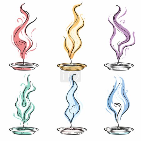 Six colorful incense sticks burning illustration, smoke rising holders, vibrant hues pink, gold, purple, green, teal, blue incense. Handdrawn incense sticks set, aromatic therapy, meditation