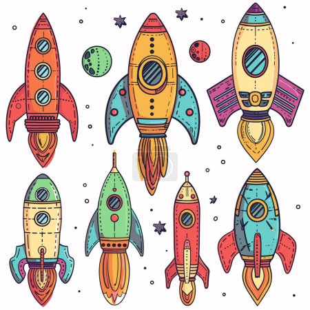 Colorful handdrawn rockets space exploration cartoon style design. Bright retro spacecraft doodle illustration, stars, planets cosmic journey. Childfriendly art playful interstellar travel rockets