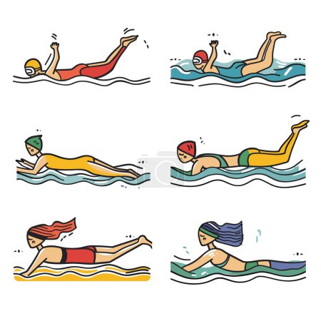 Schwimmer führen verschiedene Schwimmstile durch. Schwimmerinnen Wassersport Aktivität Schwimmstile Demonstration. Bunte Vektor Illustration Schwimmtechniktraining