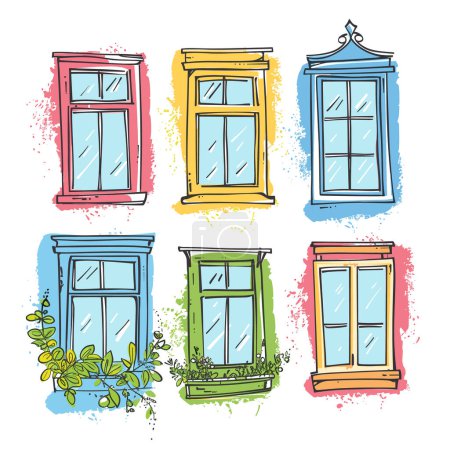 Téléchargez les photos : Fenêtres vintage colorées ensemble style dessiné à la main. Sketchy cadres de fenêtre éclaboussures vibrantes détails architecturaux bleu, vert, jaune, rouge. Différents designs de fenêtres classiques fond éclaboussé artistique - en image libre de droit