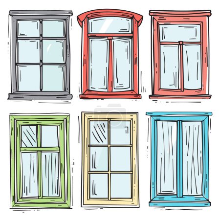 Collection colorful handdrawn windows, various designs shapes, architectural details. Doodle style windows home design, artistic decoration, construction elements. Six windows sketched different