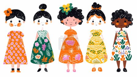 Téléchargez les photos : Cinq filles illustrées diverses portant des robes florales colorées coiffures uniques stand côté, personnages de dessins animés souriant chaleureusement, caractère présente une personnalité distinctive à travers vive - en image libre de droit
