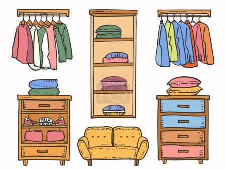 Handdrawn vector illustration cozy home interior furniture storage. Wardrobe closets hanging shirts, drawer chests folded clothes, comfy yellow armchair. Bright primary colors, isolated white