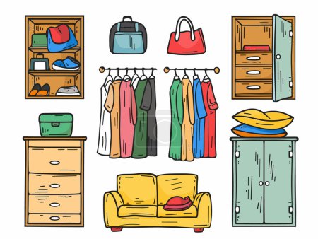 Colorful cartoon furniture storage units displaying various clothing items accessories. Wardrobe, hat shelf, dress rack, drawers organized clean room. Cozy interior design elements, handdrawn style