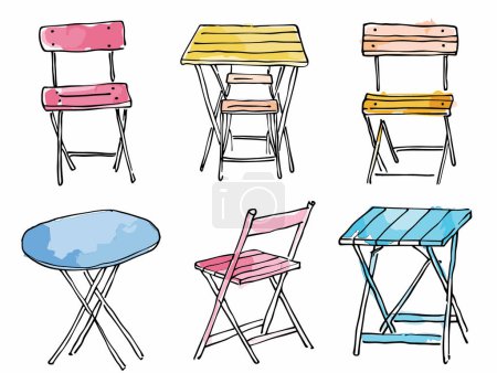Mesas de sillas plegables coloridas dibujadas a mano, ilustración incompleta, muebles azules amarillos rosados. Elementos casuales de diseño de asientos al aire libre, simples garabatos de bistró. Muebles de patio de playa portátiles, vibrantes