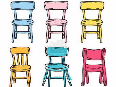 Colorful chairs illustration arranged two rows. Handdrawn style chairs, pink, yellow, blue, colorful furniture. Nine chairs, simple interior seating design, isolated white background