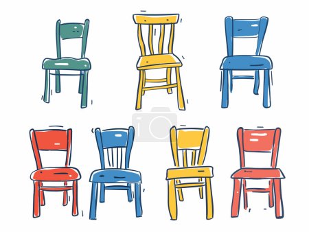 Handdrawn colorful chairs arranged two rows, six different designs. Sketch style furniture, various colors, simplistic illustration. Chairs collection, doodle, interior decoration concept isolated