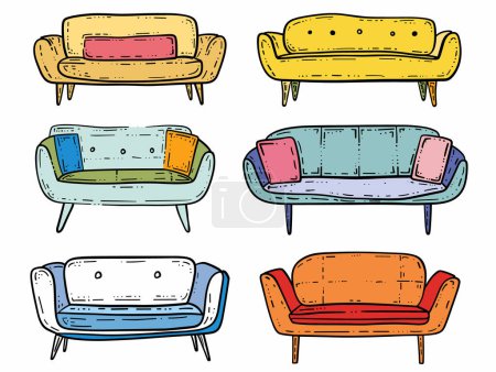 Four colorful handdrawn sofas cushions, modern furniture design, bright home decor. Set quirky sketch style couches, living room interior elements, isolated vector illustration. Vibrant midcentury