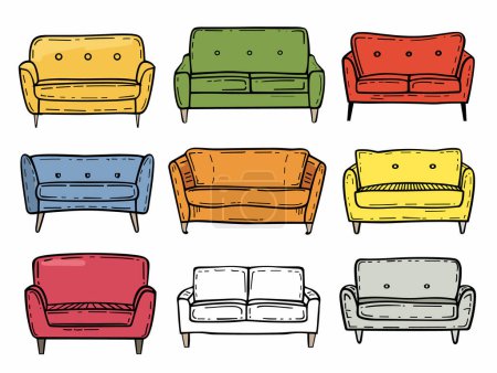 Colorful sofas set handdrawn style assorted colors furniture. Sofas collection cartoon vector vibrant living room interior design elements isolated. Nine different modern couches illustration