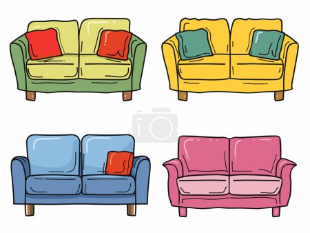Four colorful sofas illustration, furniture collection concept, green, yellow, blue, pink couches cushions. Handdrawn style sofas, vibrant colors, living room interior design elements. Comfortable