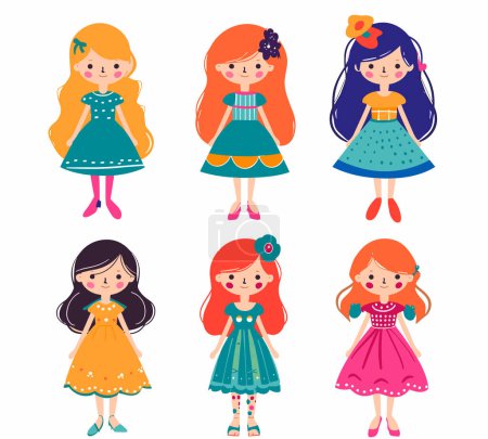Six cute cartoon girls varying hairstyles dresses colors smiling, girl unique dress hairstyle expression isolated white background. Childrens book illustration fashion variety playful characters