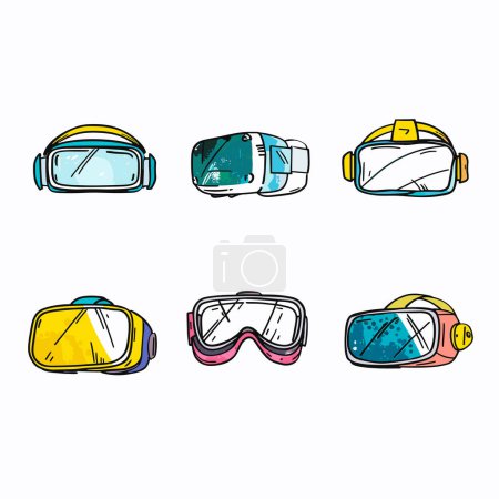 Verschiedene bunte Skibrillenvarianten legten einen weißen Hintergrund an. Handgezeichnete Skimasken entwerfen passende Ski-Snowboards. Mehrere Brillenstile, Abbildung von Sportbekleidung-Accessoires