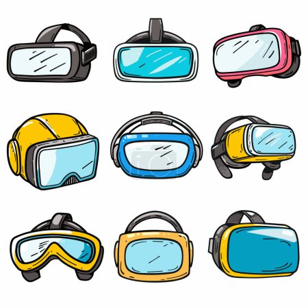 Colección de auriculares de realidad virtual, ilustración colorida estilo de dibujos animados. Varios diseños de gafas VR, aparatos tecnológicos aislados fondo blanco. Diferentes modelos de dispositivos VR experiencia inmersiva