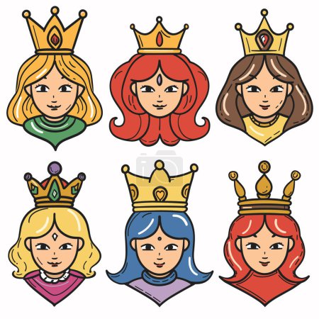 Seis personajes de dibujos animados princesas con coronas, trajes de peinados diversos. Alegres princesas jóvenes, figuras de la realeza de dibujos animados, colores brillantes. Personajes reales femeninos, estilo dibujado a mano, niños