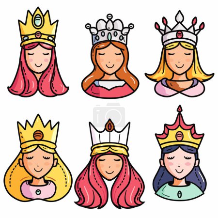 Sechs Cartoon-Prinzessinnen, verschiedene Kronen-Frisuren. Prinzessinnen prahlen mit farbenfrohen Gewändern, fröhlichen Gesichtsausdrücken, verschiedenen Haarfarben. Hell illustrierte königliche Figuren, perfektes Kinderbuch