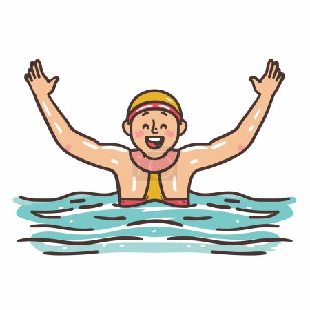 Téléchargez les illustrations : Heureux nageur acclamant l'eau, personne souriante nageant, main levée victoire. Jeune athlète masculin profitant de la natation, bandeau de maillot de bain sport, vagues autour nageur joyeux. Nageur enthousiaste - en licence libre de droit