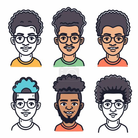 Collection six male avatars, young African American men, different hairstyles, beards, glasses. Cartoon style vector illustration diverse facial features, emotions, hairstyles, casual wear. Diverse