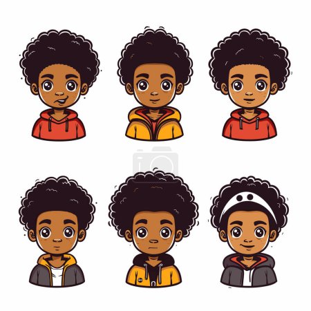 Illustration for Six cartoon illustrations young African boy various expressions outfits, boy has curly hair, wide eyes, range emotions smiling surprised, illustration captures different look, casual hoodies - Royalty Free Image