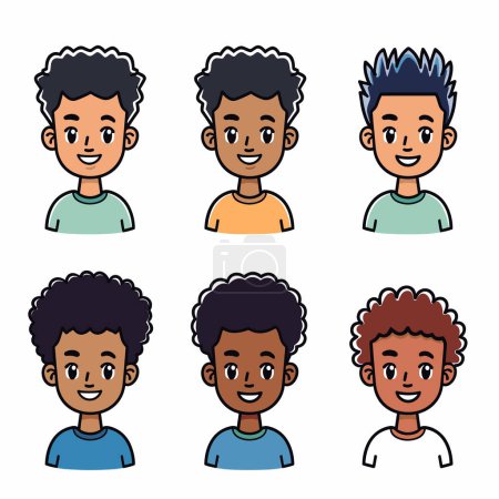 Six cartoon children faces diverse ethnic background cheerful expressions. Young boys smiling curly hair cute avatars collection casual clothes. Happy kids male character portraits illustrated