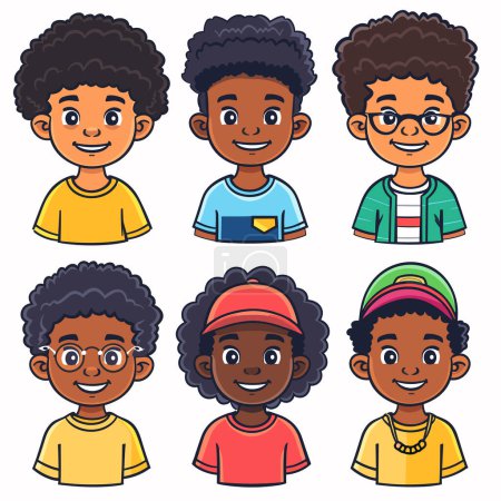 Sechs afroamerikanische Kinder, fröhliche Mienen, bunte Kleidung, lächelnde Gesichter. Cartoon Jungen Mädchen, verschiedene Frisuren, Freizeitkleidung, freundliche Kinderporträts. Strahlend, verspielt, Kindergesichter, Jugend