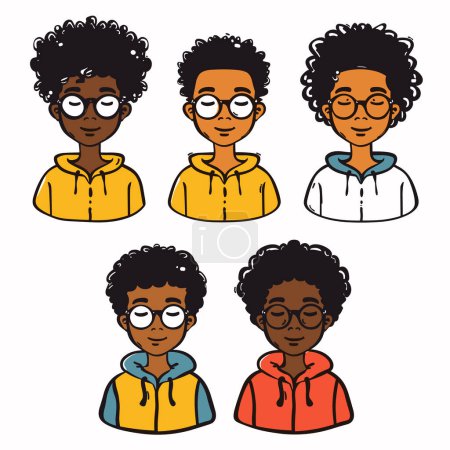 Six diverse cartoon characters, unique hairstyles glasses, wearing colorful casual clothes. Variety expressions, glasses styles, hair textures represented flat vector design. Cartoon portraits show
