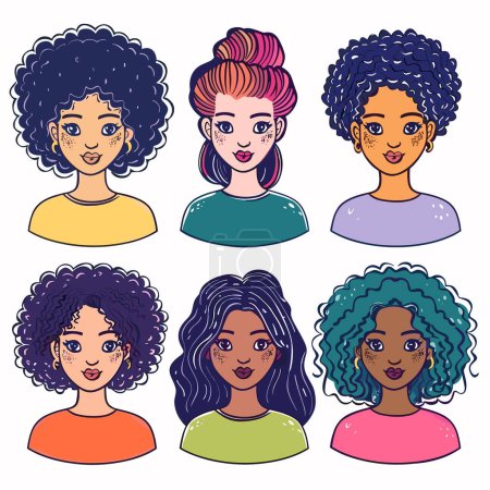 Illustration for Six diverse female cartoon avatars different hairstyles colorful clothes smiling camera. Multiracial womens portraits showing various hair textures skin tones, stylized vibrant colors. Digital - Royalty Free Image