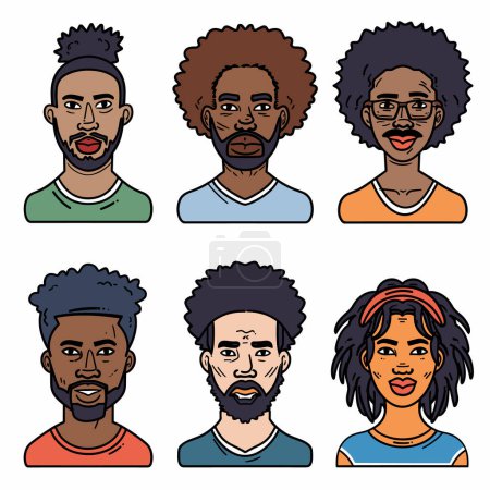 Six African cartoon characters, three men three women, various hairstyles facial expressions. Characters different hair colors, including black brown, wearing casual clothing, figure unique