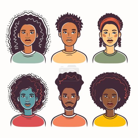 Six diverse African characters, three women, three men, illustrated portraits, smiling, different hairstyles, colorful clothing. Young adults, cheerful expressions, pattern background diversity