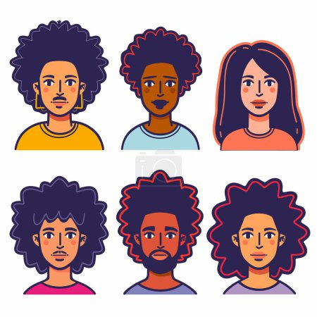 Six diverse cartoon faces expressing subtle different emotions. Top row middle African woman, orange shirt, neutral expression. Bottom row features curlyhaired man serious, woman smiling