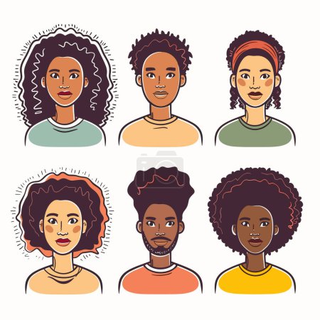 Illustration for Vector illustrations six diverse African portraits showing various hairstyles. Portraits include men women natural hair, smiles, casual attire. Graphic design set black character faces, ideal - Royalty Free Image