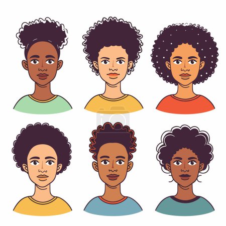 Illustration for Six diverse African American female character faces sport different hairstyles expressions. Vector illustrations depict variations curly afro hair, cartoon style females. Clothing colors, facial - Royalty Free Image