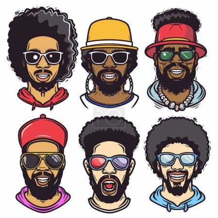 Sechs Karikaturen afroamerikanische Männer unterschiedlichen Gesichtsausdrucks, Porträts mit unterschiedlichen Frisuren, Kopfbedeckungen, Brillen, Bartfrisuren. Charaktere zeigen verschiedene Emotionen, Kleidung
