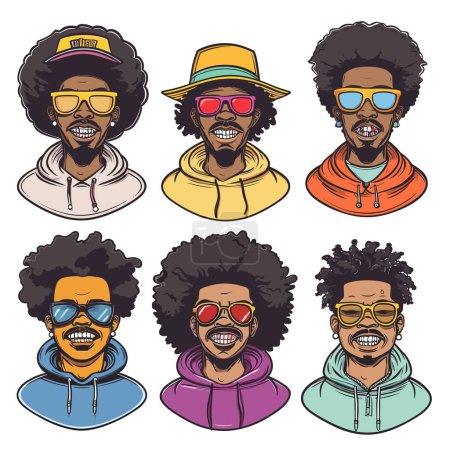 Six portraits stylisés hommes noirs afros portant diverses lunettes de soleil vêtements colorés, l'homme présente différentes expressions, sourires gamme look neutre, accessoires à la mode. Style caricatural, divers
