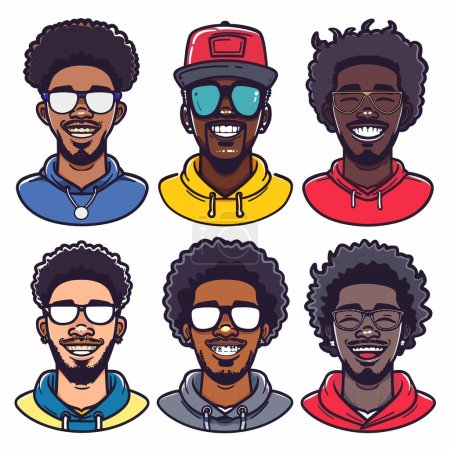 Six diverse African American male avatars wearing different outfits accessories. Portraits showcase various hairstyles, glasses, expressions. One sports baseball cap, another has toothy grin braces
