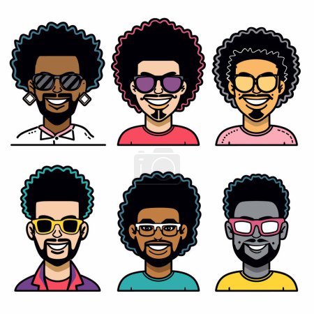 Six personnages masculins de dessins animés différents afros, les épaules en évidence, le caractère souriant, portant différentes chemises de couleur, lunettes, accessoires, représentant différentes personnalités de styles. Conception plate