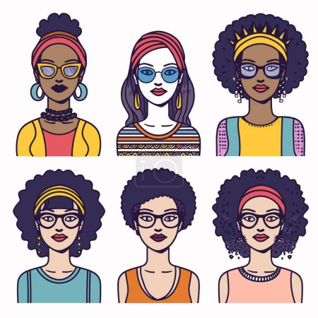 Six personnages féminins afro-américains différents, des lunettes élégantes, de la mode, des vêtements colorés, des portraits au design plat. Jeunes femmes headshots, lunettes, boucles d'oreilles, bandeaux, looks branchés, vecteur