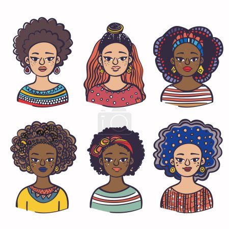 Six diverse cartoon women, unique hairstyles colorful outfits. African female portraits showcasing different ethnic beauty fashion styles. Illustrated faces express subtle emotions cultural