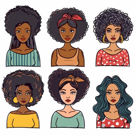 Six diverse African American women vector icons. Portraits feature different hairstyles, expressions, fashion styles elegant casual. Women diverse skin tones, hair colors, styles, earrings, clothing
