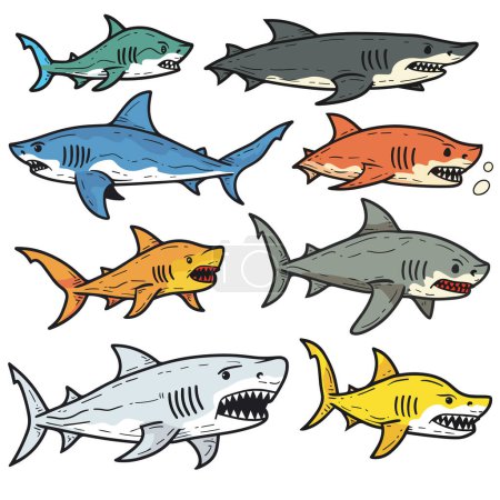 Colorful cartoon sharks swimming, variety sharks illustrated. Different shark species feature sharp teeth, fins, aggressive expressions. Marine life predators displayed, cartoon style sharks, ocean