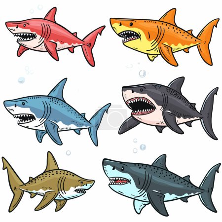 Colorful sharks cartoon set swimming underwater. Different species sharks illustrated dynamic poses, displaying sharp teeth. Marine predators collection, colorful design, aquatic theme