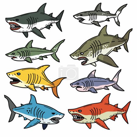 Illustration for Collection various colorful sharks cartoon style isolated white background. Eight different sharks cartoon characters, marine life theme. Colorful shark species illustration, ocean wildlife - Royalty Free Image