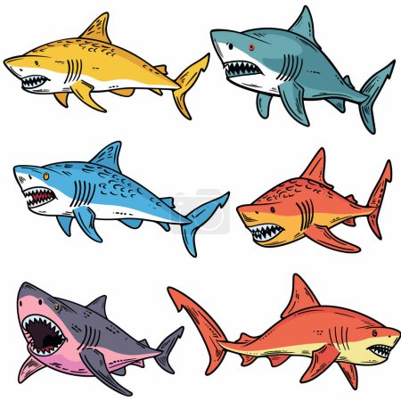 Six cartoon sharks different colors swimming underwater. Handdrawn style marine life predators, colorful shark illustrations. Comics sharks set, aquatic fauna, predator fish drawings isolated white