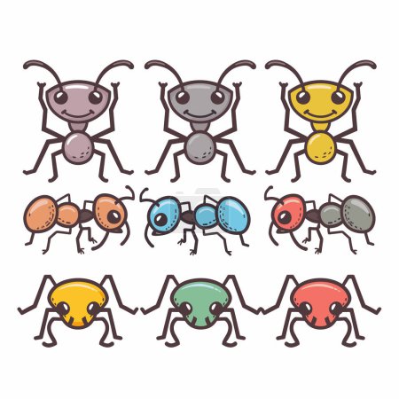Colorful cartoon ants, nine variations, cute insect characters. Funny ant illustrations, vibrant colors, smiling faces, playful poses. Childfriendly bug graphics, educational, entomology theme