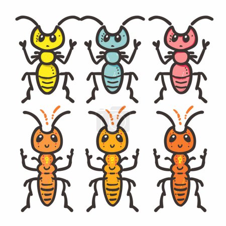 Colorful cartoon ants illustrated various patterns expressions. Six ants displayed two rows, featuring unique colors spotted decorations. Cute insects designed whimsical style, ideal childrens book