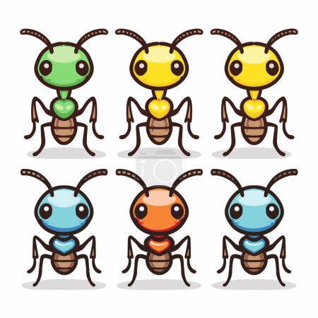 Set six cartoon ants, unique coloration, anthropomorphic traits, friendly expressions. Colorful illustrated ant characters, designed childrens book educational material, isolated white background