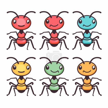 Six cute cartoon ants, unique colors cheerful expressions. Friendly ants illustrated simple, childfriendly style, displaying different colored bodies. Six adorable animated ants, distinguished red