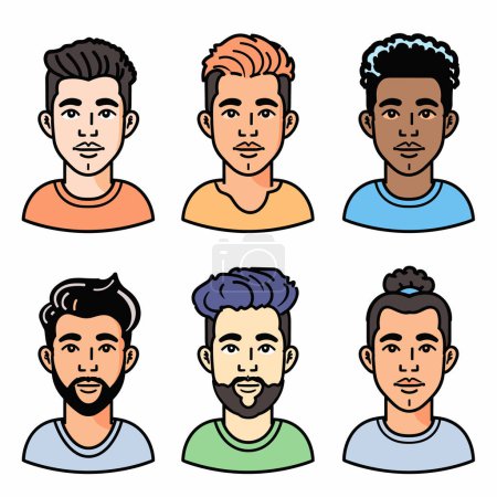 Illustration for Six diverse male avatars, cartoon character heads, different hairstyles, ethnicities, bearded, mustache, smiling. Young adults, casual clothing, vector graphic, isolated white background colorful - Royalty Free Image