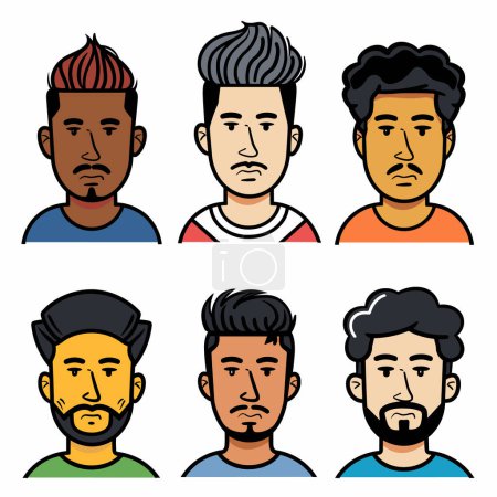 Seis hombres ilustrados, diferentes peinados, vello facial, etnia diversa. Personajes de dibujos animados, coloridos, retratos masculinos, rostros inexpresivos, modernos. Diseño plano, avatar conjunto de retratos juntos