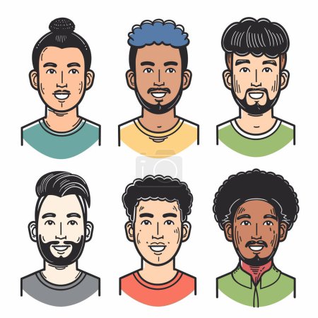 Six diverse male portraits, different hairstyles, facial hair, colorful shirts. Cheerful avatars, multicultural, vector graphics, white background. Various ethnicities, young adults, modern style